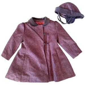 Vtg Rothschild Girls Wool Blend Pea Coat Velvet trim and Hat Set Purple Size 5